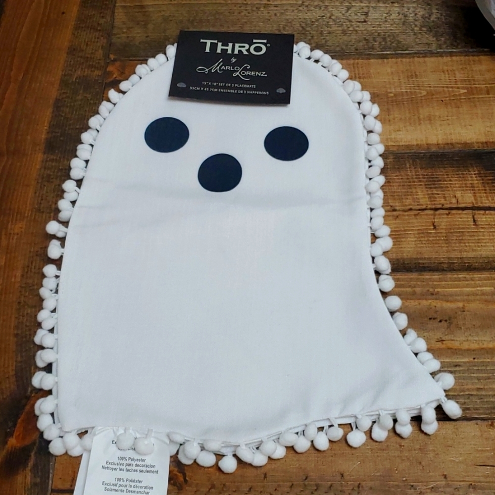 Ghost Shaped Pom Pom Placemats Set of 2 Halloween